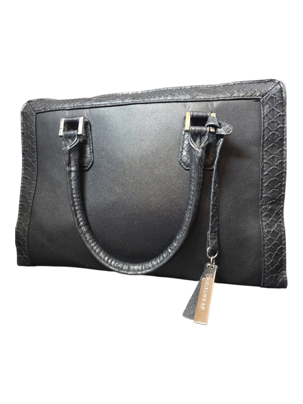 Jones New York Black Satchel Handbag Faux Snakeskin Python Trim Top Handle Bag